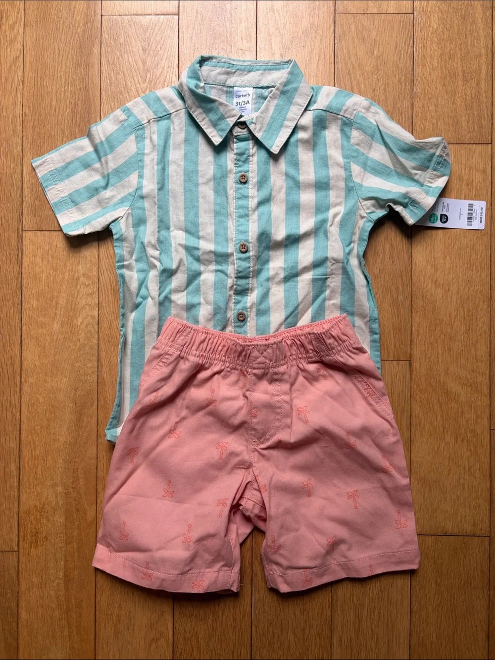 NWT🌴Carter’s Teal Stripe & Coral Pink Palm-Embroidered Kids Shorts Set